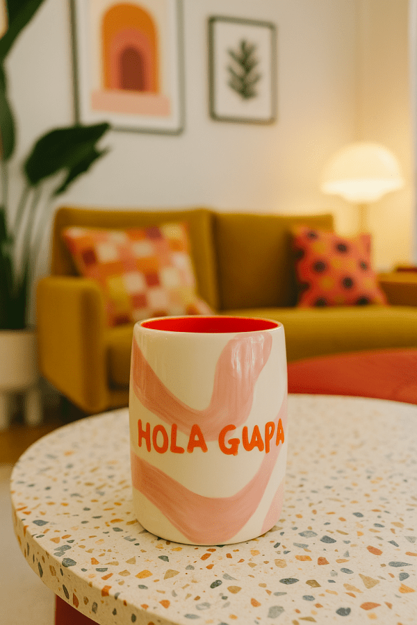 Χειροποίητη Κούπα Que Rico “HOLA GUAPA” – Ροζ Design με Κόκκινο Εσωτερικό
