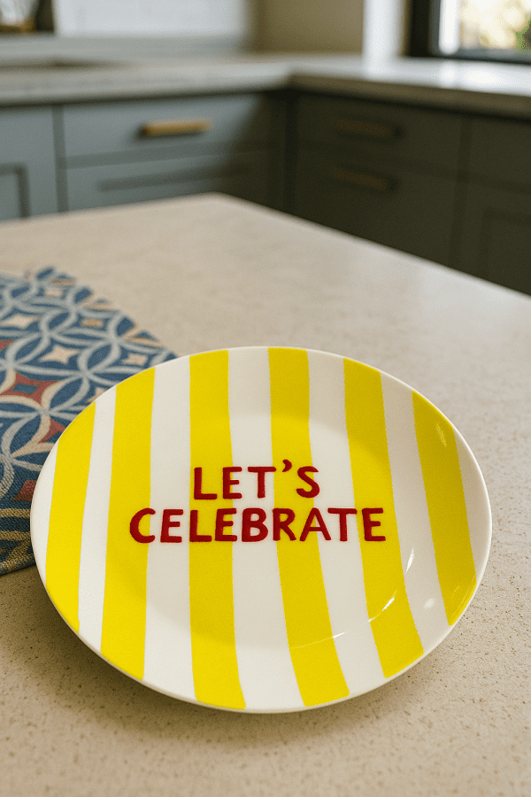 Que Rico Πιάτο “Let’s Celebrate” – Χειροποίητο, Ζωγραφισμένο στο Χέρι, Διακοσμητικό & Λειτουργικό